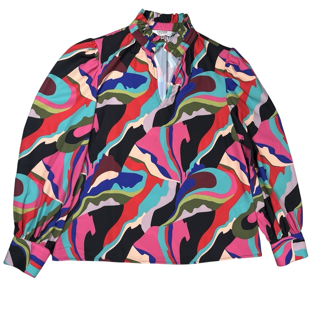 Crosby by Mollie Burch Blouse Womens S Multicolor Abstract Ruffle Puff Sleeve